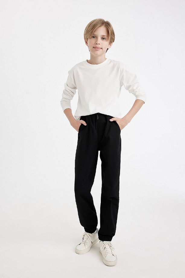 Erkek Çocuk Beli Bağcıklı Lastikli Paça Cepli Basic Düz Siyah Jogger Gabardin Pantolon A9395a824wn - 1