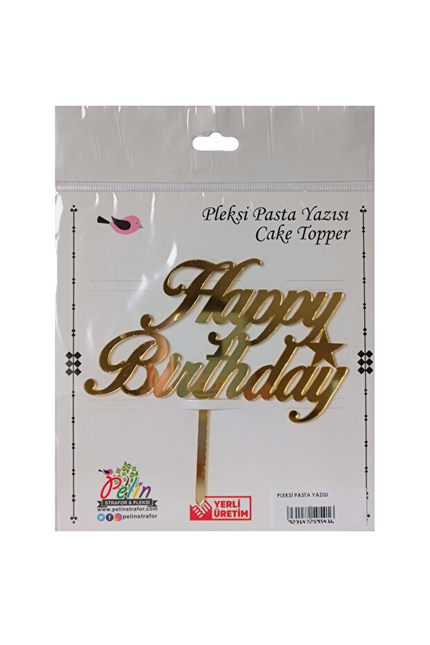 Happy Birthday Written Mirrored Plexiglass Gold