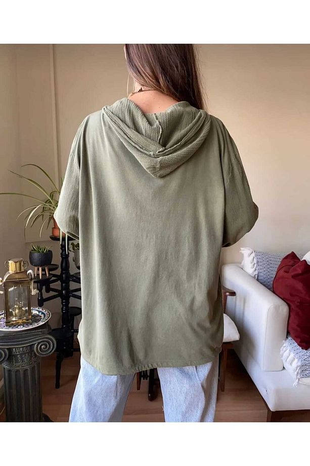 Kadın Oversize Ceket Yıldız ve File Detay Kapüşonlu %100 Pamuk Premium Dokuma Kumaş - 8