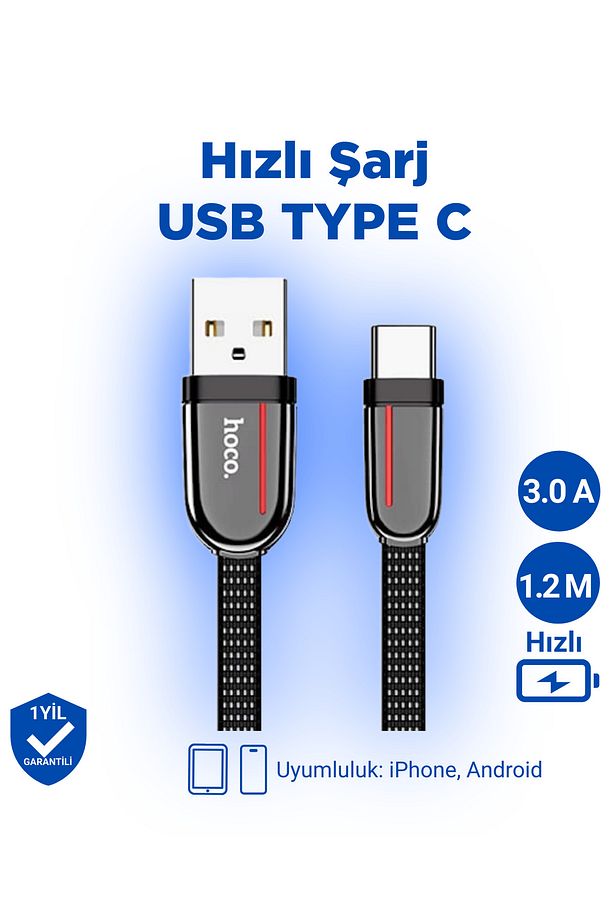 U74 3a Qc3 Iphone Android Uyumlu Type-c To Usb Hızlı Şarj Veri Kablosu Siyah 1.2 Metre - 1