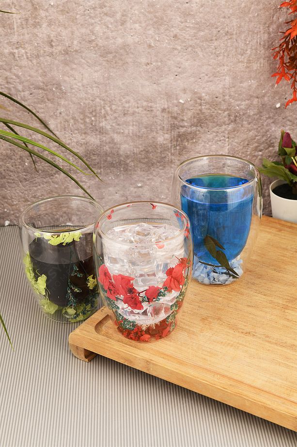 Çift Camlı Cidarlı Bardak 350ml Çiçek Dekorlu Isıya Dayanıklı Bardak - 3