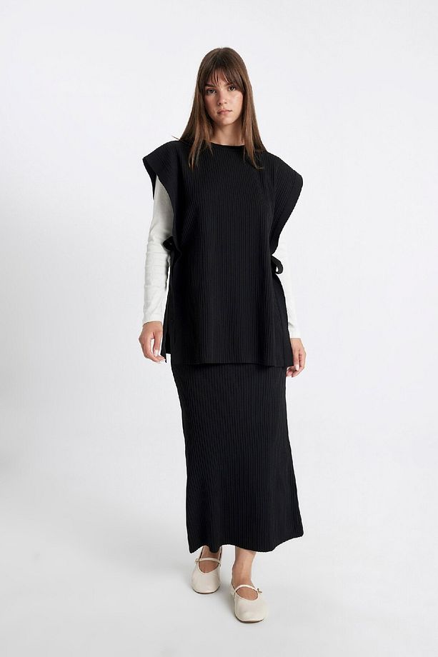 Regular Fit Basic Düz Maxi Siyah Triko Etek A1314ax24au - 3