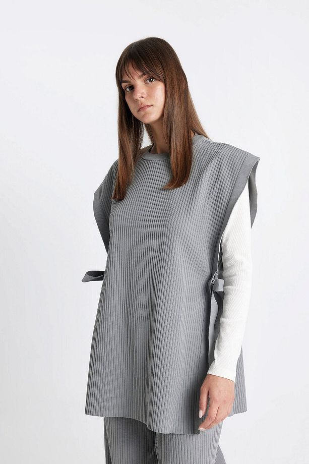 Regular Fit Bisiklet Yaka Basic Düz Yan Bağlamalı Triko Süveter Y1323az24au - 3