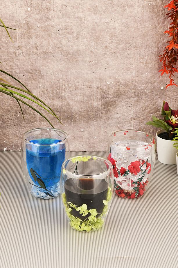 Çift Camlı Cidarlı Bardak 350ml Çiçek Dekorlu Isıya Dayanıklı Bardak - 5