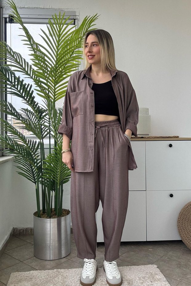 Linen Textured Brown Shirt Pants Set