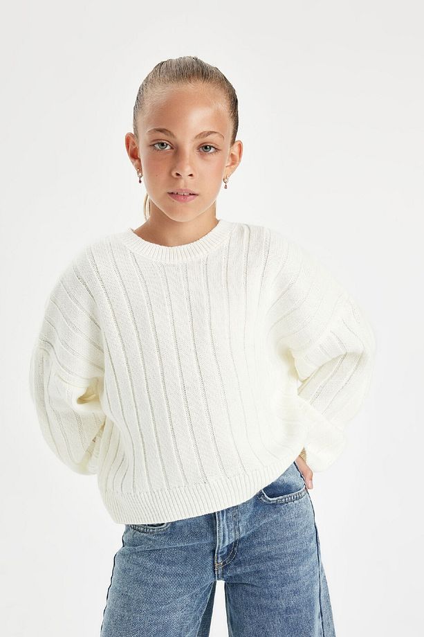 Kız Çocuk Oversize Geniş Kalıp Bisiklet Yaka Basic Düz Triko Kazak C6945a824au - 4