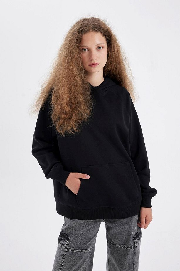 Oversize Geniş Kalıp Kapüşonlu Kanguru Cepli Kalın Basic Düz Sweatshirt C7805ax24wn - 3