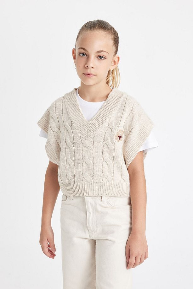 Kız Çocuk Oversize Geniş Kalıp V Yaka Triko Süveter C6935a824au - 1