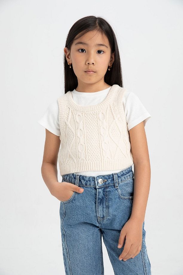 Kız Çocuk Örgü Desenli Crop Triko Süveter C6931a824au - 1