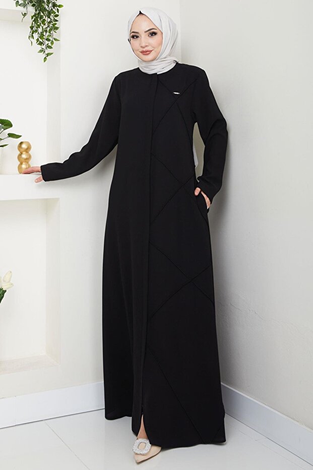 Tek Tarafı Çapraz Dikişli Ferace Siyah HM2708 - 1