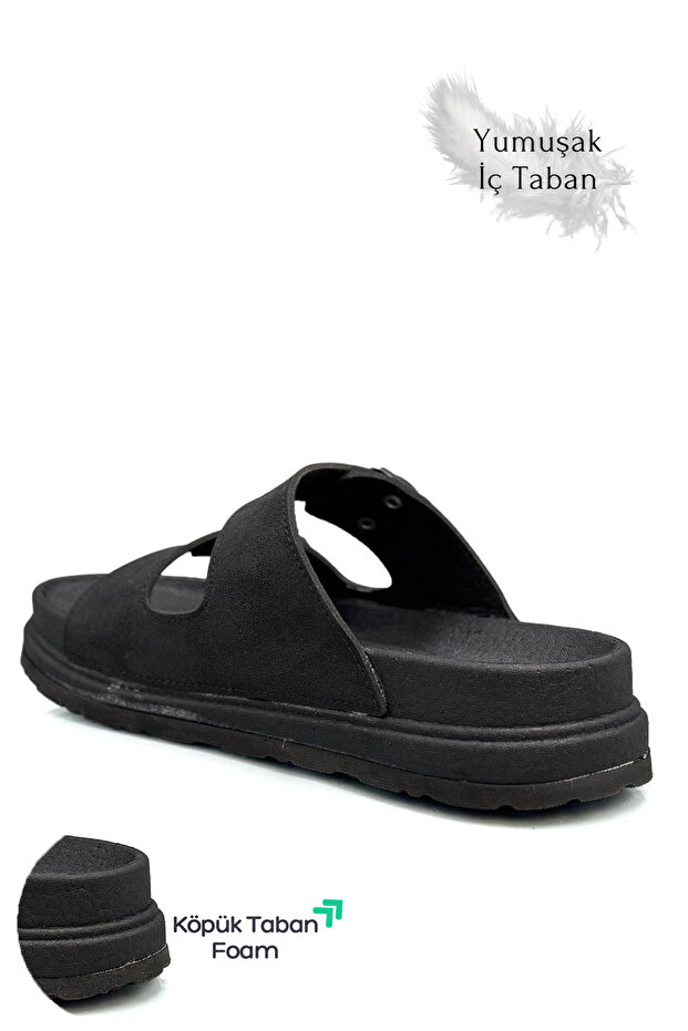 Width Adjustable Black Leather Men's Slippers - 7