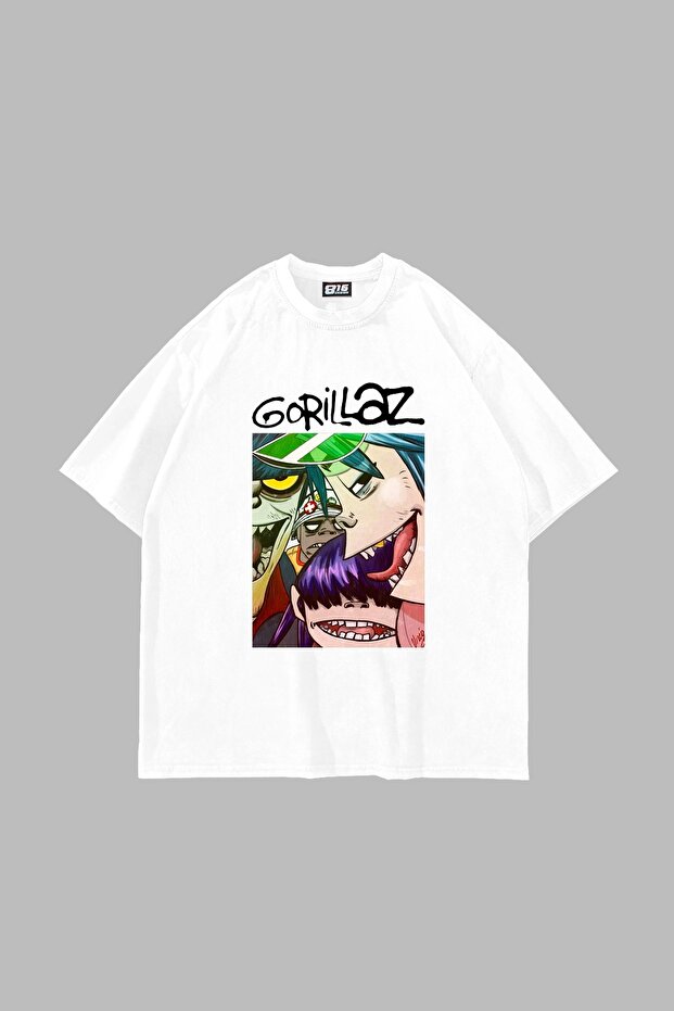 Gorillaz Printed Oversize Unisex White Tshirt