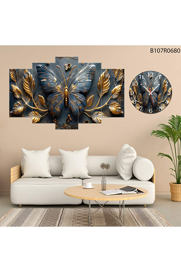 Tablo Duvar Mdf Tablo 5 Parça Set Ve Saatli - 1