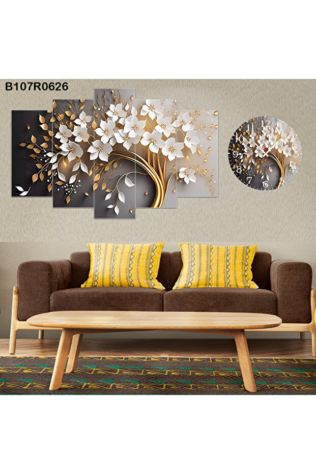 Tablo Duvar Mdf Tablo 5 Parça Set Ve Saatli - 1