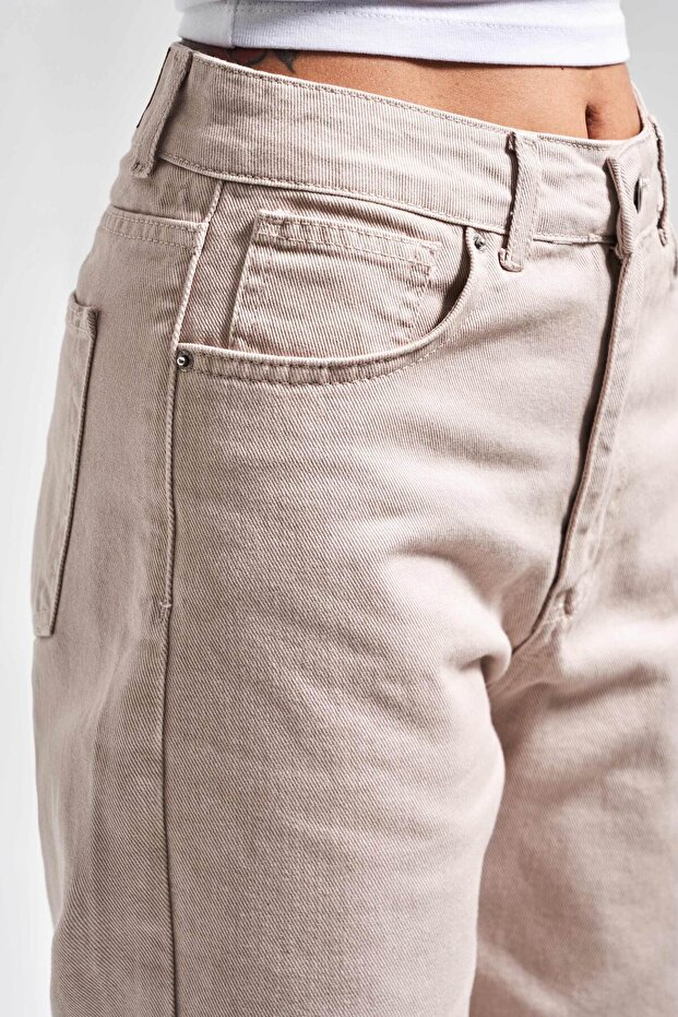 High Waist Beige Mom Jean - 4