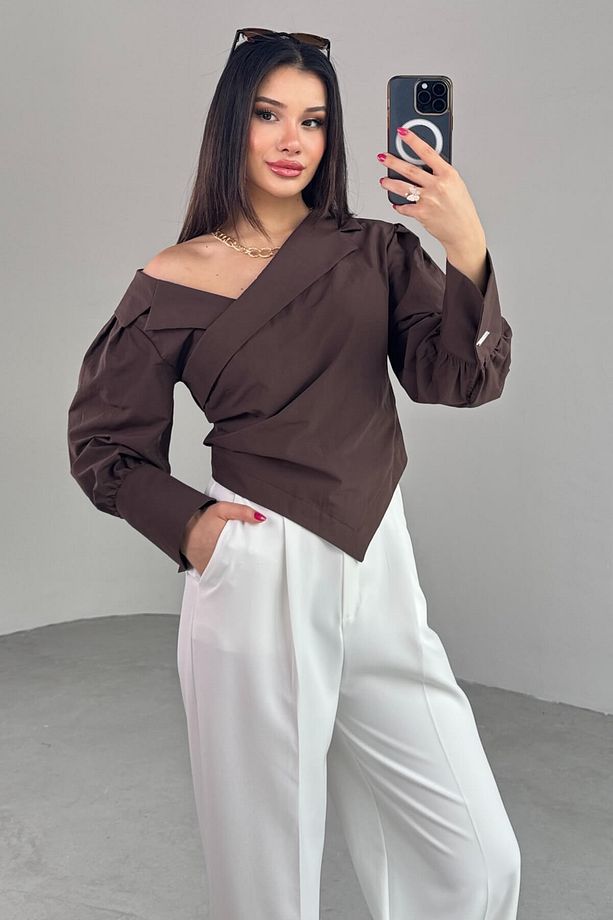 GML-0317 Acı Kahve Çapraz Bağlamalı Duble Kol Kruvaze Yaka Crop Gömlek - 8