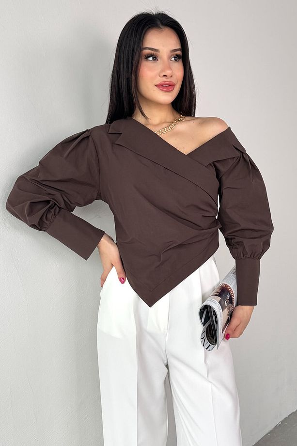 GML-0317 Acı Kahve Çapraz Bağlamalı Duble Kol Kruvaze Yaka Crop Gömlek - 6