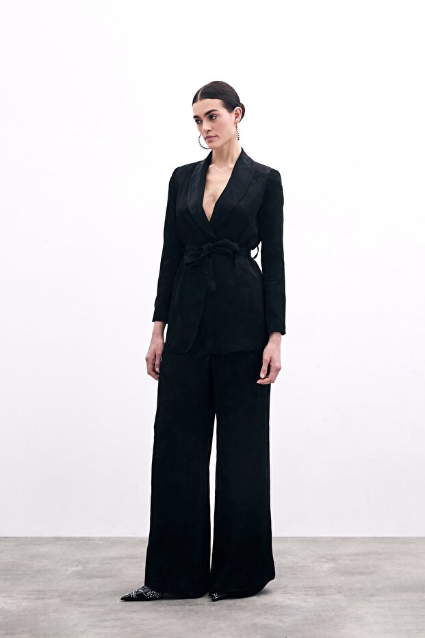Jacquard Wide Leg Trousers - Black