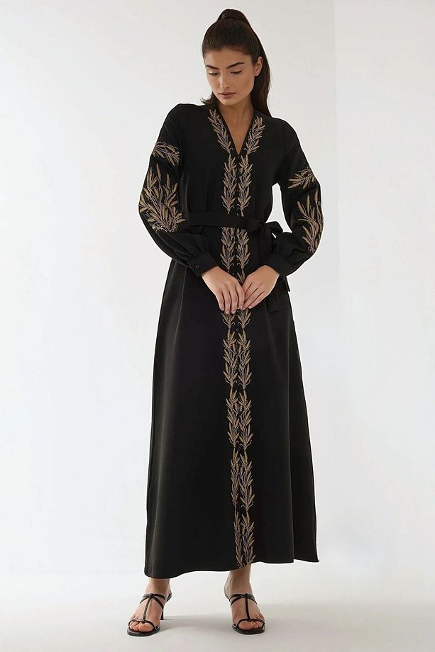 Nakış Işlemeli V Yaka Modest Elbise - 4