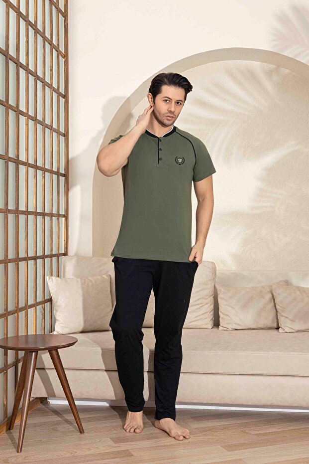 Men's Khaki Short Sleeve Trousers with Pockets t Crest Embroidery Combed Cotton Fabric Pajama Set