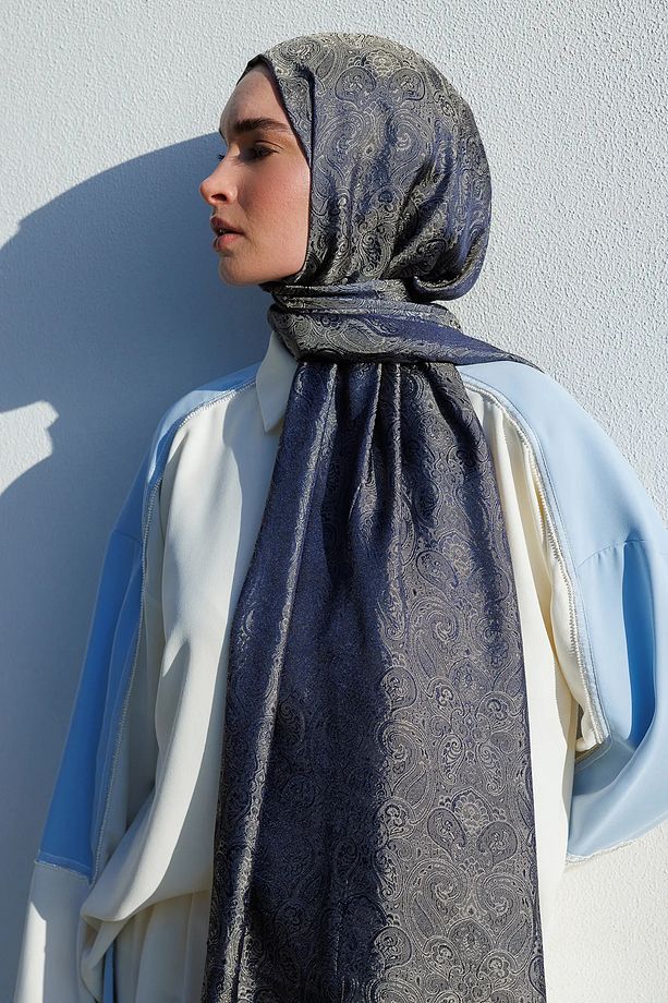 Moren Desen Shine Line Şal Lacivert-Bej - 4