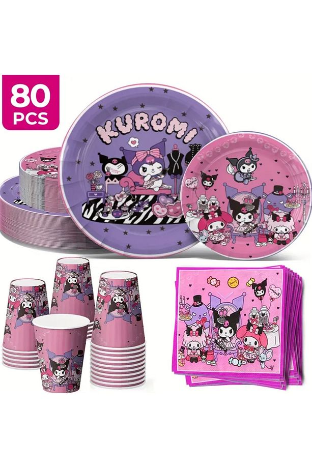 20 Kişilik 80 Parça Kuromi Karakterli Parti Seti / Kâğıt Tabak , Bardak, Peçete - 1
