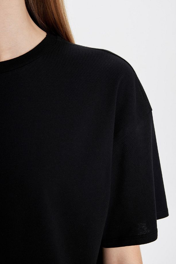 Oversize Geniş Kalıp Bisiklet Yaka Basic Düz Kısa Kollu Siyah Tişört V4136azns - 5