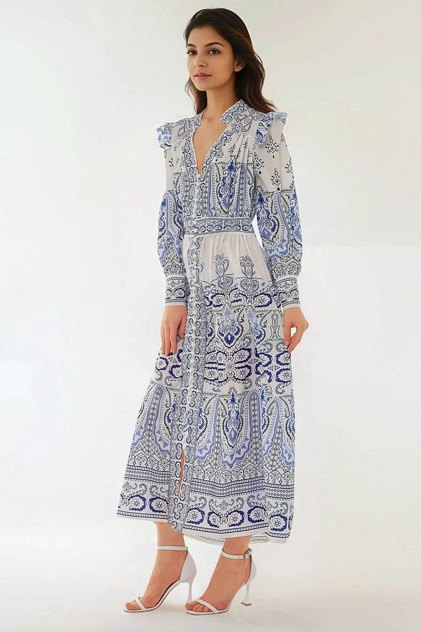 Baskılı V Yaka Fırfır Detaylı Modest Elbise - 3