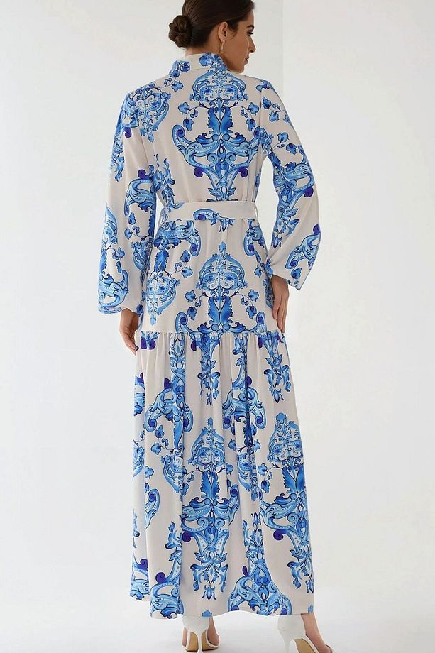 Baskılı Uzun Kol Kuşaklı Modest Elbise - 5