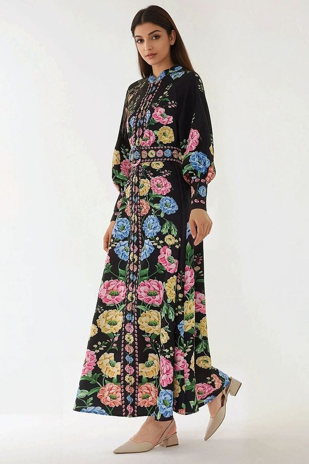 Baskılı Uzun Kol Kemerli Maxi Elbise - 5