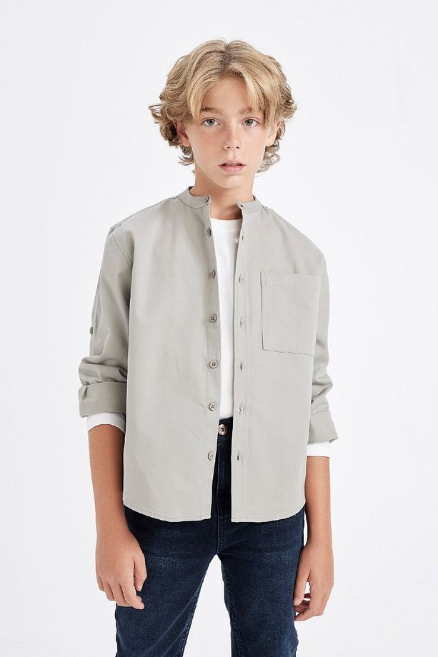 Erkek Çocuk Oversize Geniş Kalıp Dik Yaka Twill Uzun Kollu Gömlek C7524a824au - 1