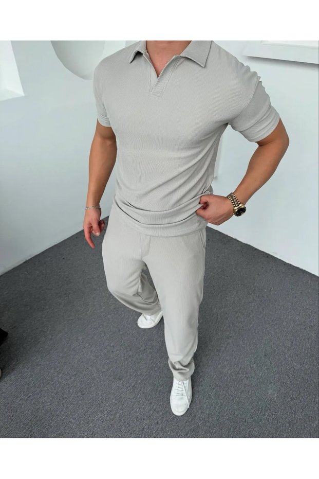 Men's Dumangri Corded Polo Neck T-Shirt and Elastic Waist Jogger Sweatpants Slim Fit Set