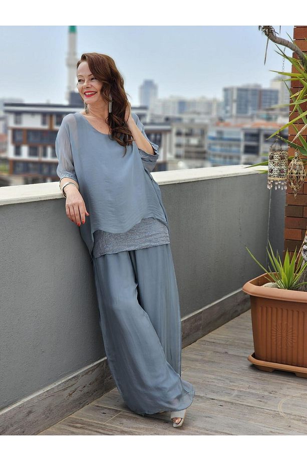 FELİX13488 Pul Detaylı İthal İpekli Gri Pantolon Bluz Takım - 3