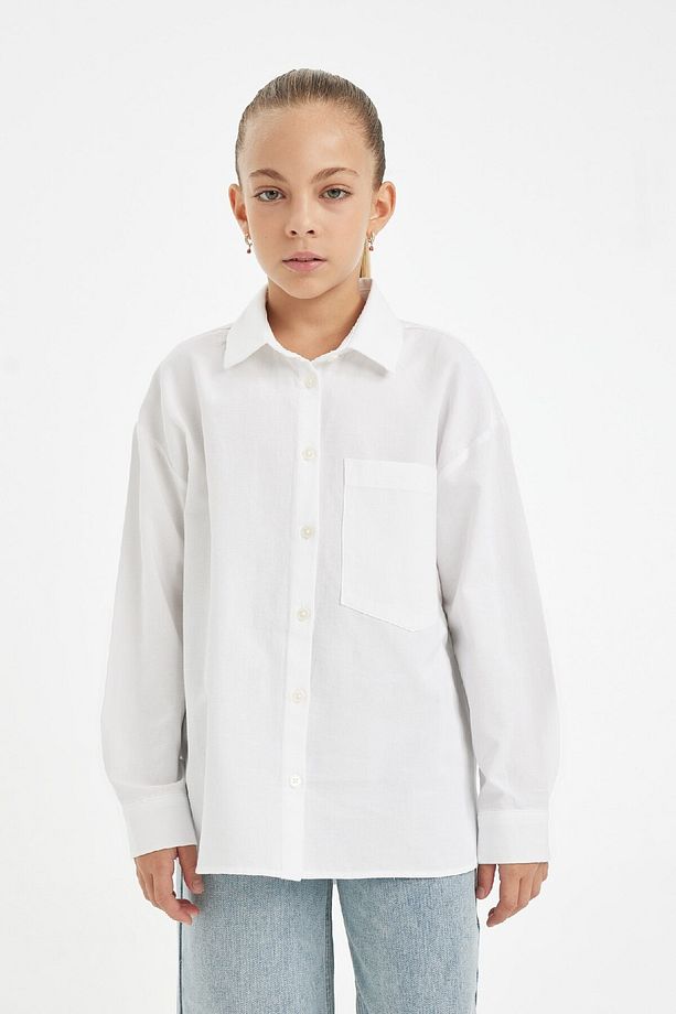 Kız Çocuk Oversize Geniş Kalıp Poplin Basic Düz Uzun Kollu Beyaz Okul Gömleği C7482a824au - 1