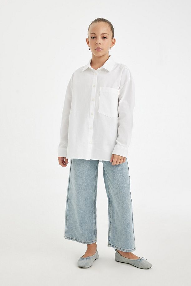 Kız Çocuk Oversize Geniş Kalıp Poplin Basic Düz Uzun Kollu Beyaz Okul Gömleği C7482a824au - 2
