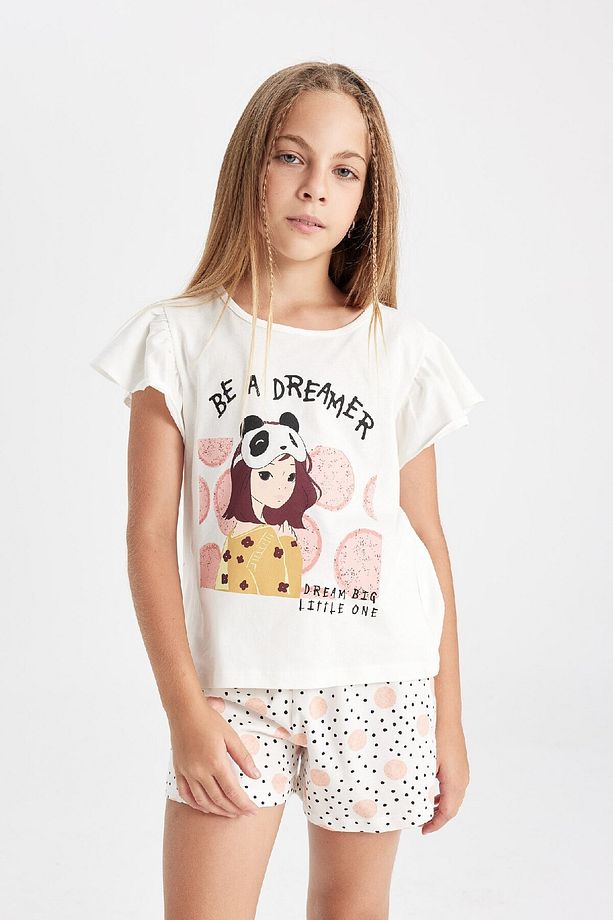 Kız Çocuk Pijama Takımı Bisiklet Yaka Baskılı Kısa Kollu Üst Şort D2066a824sm - 3