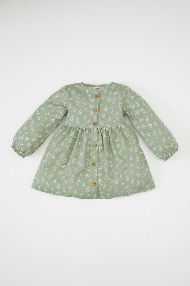 Kız Bebek Bisiklet Yaka Düğmeli Çiçek Desenli Uzun Kollu Twill Elbise D2556a524au - 1