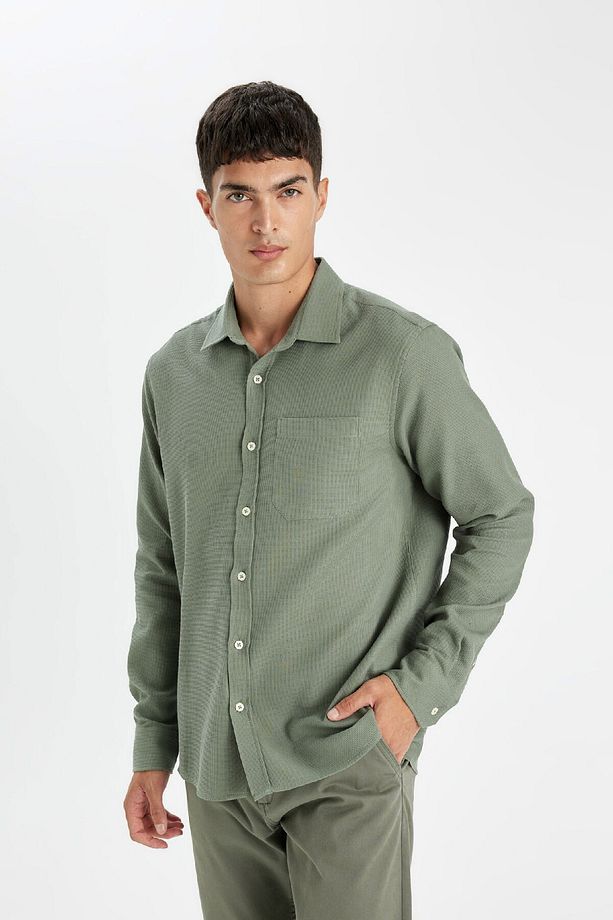 %100 Pamuk Regular Fit Waffle Basic Düz Uzun Kollu Gömlek D1058ax24au - 3