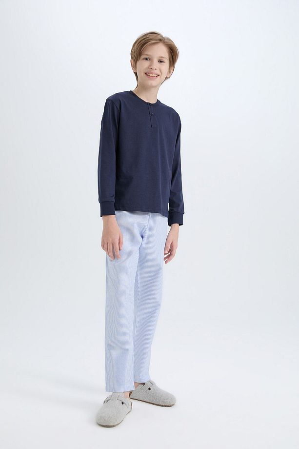 Erkek Çocuk Pijama Takımı Dokuma Bisiklet Yaka Uzun Kollu Üst Çizgili Alt D2894a824wn - 2