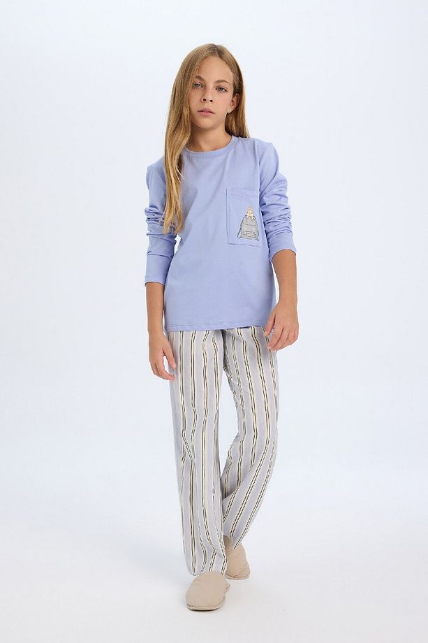 Kız Çocuk Pijama Takım Bisiklet Yaka Uzun Kollu Üst Beli Lastikli Uzun Alt D2112a824au - 2