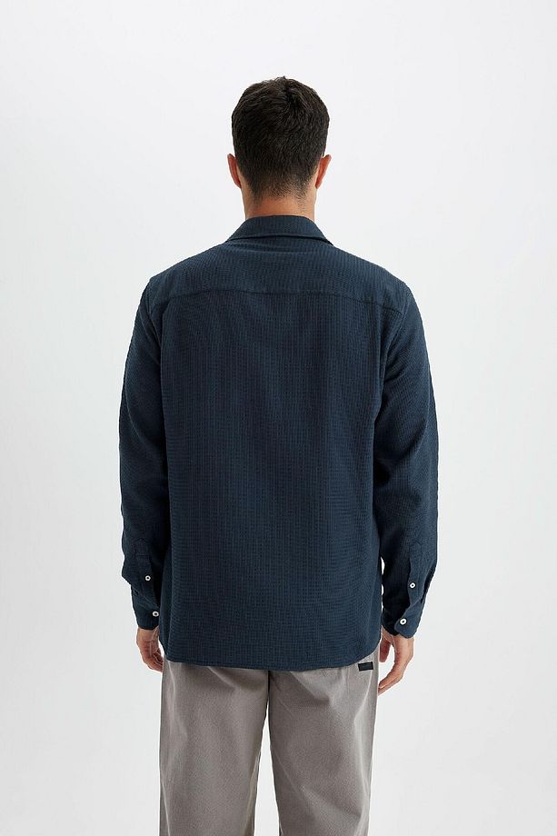 %100 Pamuk Regular Fit Waffle Basic Düz Uzun Kollu Gömlek D1058ax24au - 6