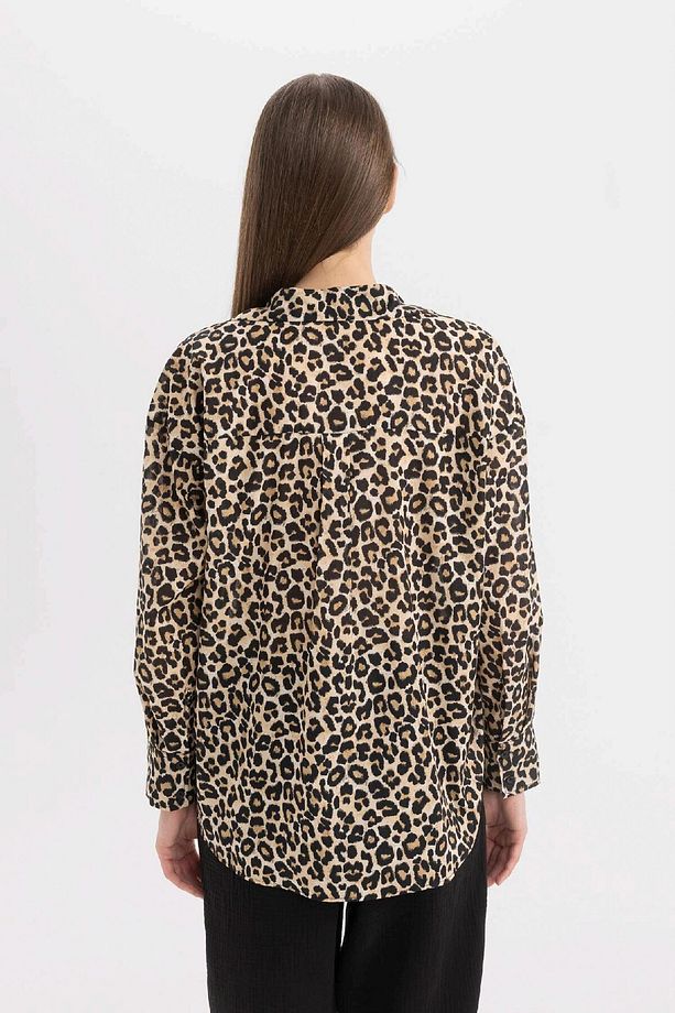 Oversize Geniş Kalıp Uzun Kollu Leopar Desenli Vual Gömlek D2564ax24sm - 5