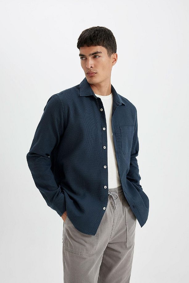 %100 Pamuk Regular Fit Waffle Basic Düz Uzun Kollu Gömlek D1058ax24au - 3
