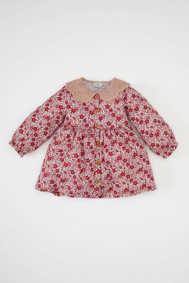 Kız Bebek Geniş Örgü Yaka Çiçek Desenli Düğmeli Uzun Kollu Twill Elbise D3073a524au - 1