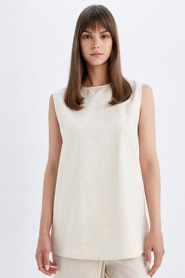 Regular Fit Bisiklet Yaka Basic Düz Keten Karışımlı Kolsuz Tunik D2953ax24hs - 1