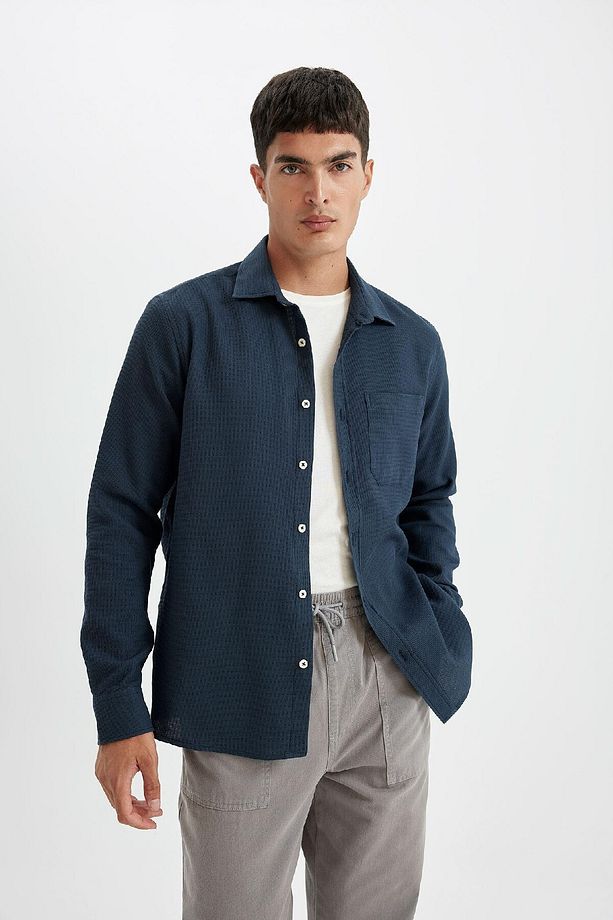 %100 Pamuk Regular Fit Waffle Basic Düz Uzun Kollu Gömlek D1058ax24au - 4