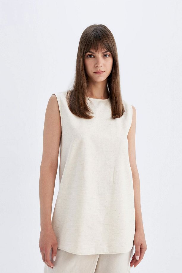 Regular Fit Bisiklet Yaka Basic Düz Keten Karışımlı Kolsuz Tunik D2953ax24hs - 5