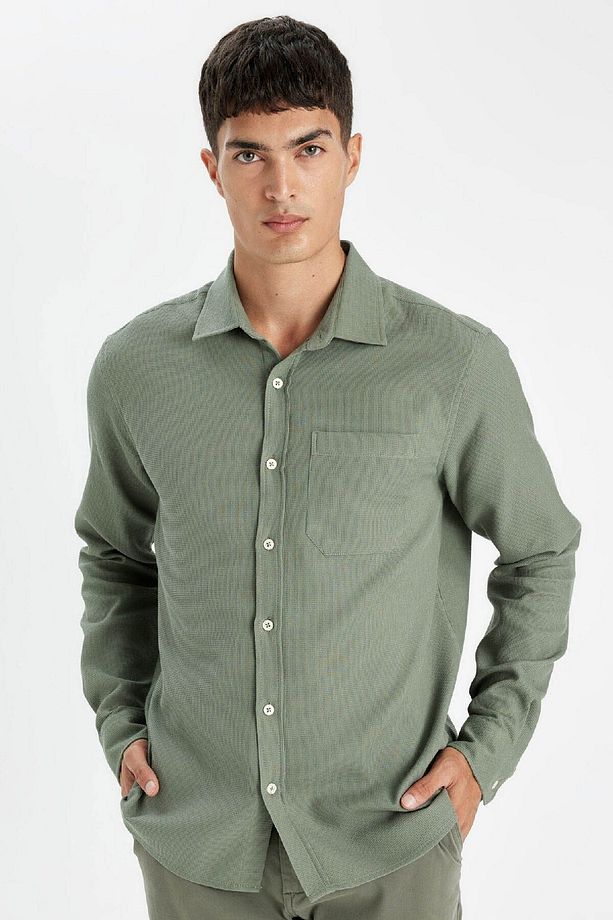 %100 Pamuk Regular Fit Waffle Basic Düz Uzun Kollu Gömlek D1058ax24au - 1