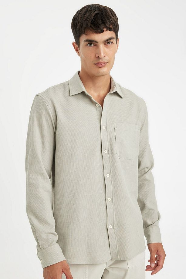 %100 Pamuk Regular Fit Waffle Basic Düz Uzun Kollu Gömlek D1058ax24au - 1