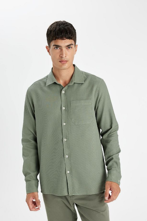 %100 Pamuk Regular Fit Waffle Basic Düz Uzun Kollu Gömlek D1058ax24au - 4